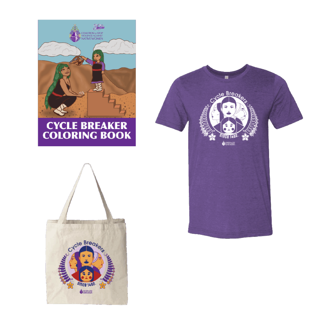 The Cycle Breaker Coloring Book, T-Shirt, and Tote Bag all in one image showcasing everything those who purchase the "Cycle Breaker" tier will receive