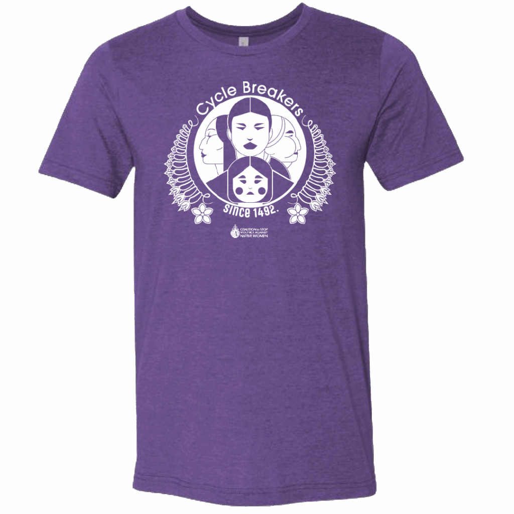 Image of a purple t-shirt with the CSVANW Cycle Breakers logo on the front, and the CSVANW logo underneath the other logo